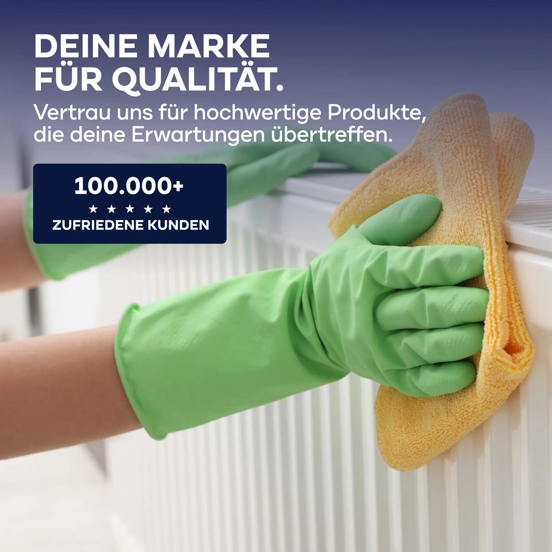 Eine Person mit grünen Gummihandschuhen reinigt eine weiße Fläche mit einem gelben Tuch mit plid Anlauger - reinigt &amp; entfettet Holz, Metall &amp; Zink. Der deutsche Text bewirbt plid als Qualitätsmarke mit über 100.000 zufriedenen Kunden.