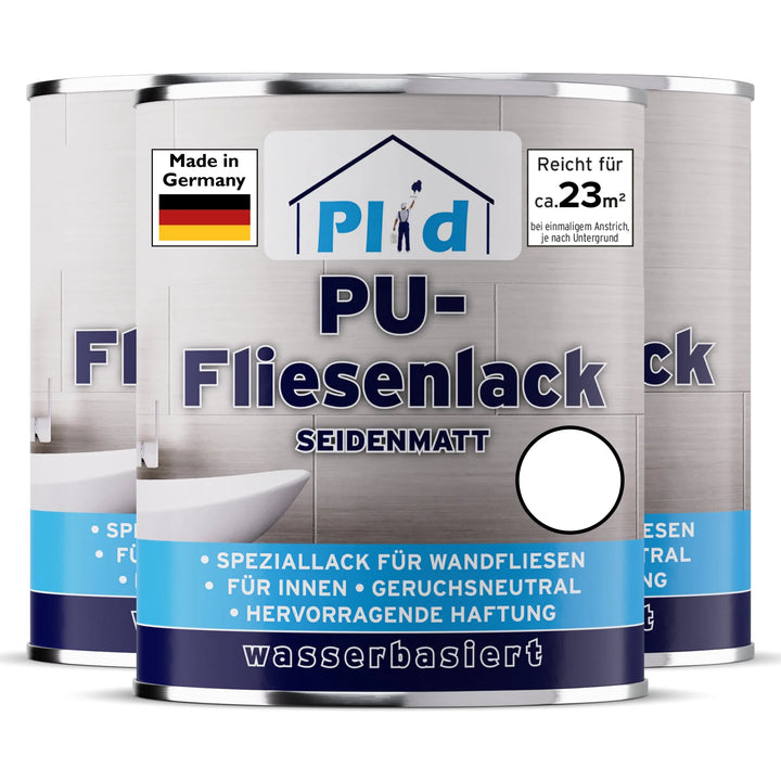 Drei Dosen plid PU-Fliesenlack-strapazierfähig &amp; wasserfest für Bad &amp; Küche, seidenmatt, made in Germany. Jede hat ein weißes Farbmuster auf dem Etikett; ideal zum Fliesen renovieren.