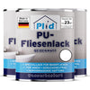Abgebildet sind drei Dosen von plid PU-Fliesenlack - strapazierfähig & wasserfest für Bad & Küche. Der wasserbasierte, geruchsneutrale Lack von plid deckt ca. 23 m² und eignet sich perfekt zur Auffrischung von Fliesen in Bad oder Küche.