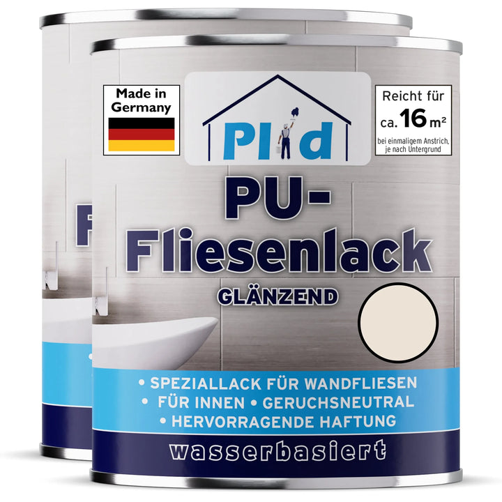 Zwei Dosen plid PU-Fliesenlack - strapazierfähig &amp; wasserfest für Bad &amp; Küche, silber mit blau/weißem Etikett, "Made in Germany", auf Wasserbasis, deckt bis zu 16m² - perfekt zum Renovieren von Fliesen. Inklusive deutschem Text und Hauslogo.