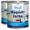 Zwei Dosen plid Magnetfarbe - haftstark & überstreichbar für viele Oberflächen (je 750 ml), auf Wasserbasis und made in Germany. Bunte Etiketten zeigen Magnete und Zeichnungen - ideal für magnetische Wände zu Hause oder im Büro.