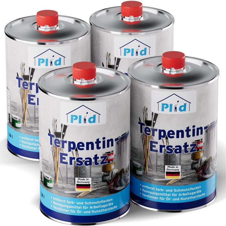 Vier Metalldosen mit rotem Deckel, beschriftet mit plid Terpentin-Ersatz - geruchsarm &amp; vielseitig einsetzbar, zeigen die Abbildungen eines Pinsels und einer Palette. Die in Deutschland hergestellten Dosen von plid sind ideal zum Verdünnen von Farben und Lacken.