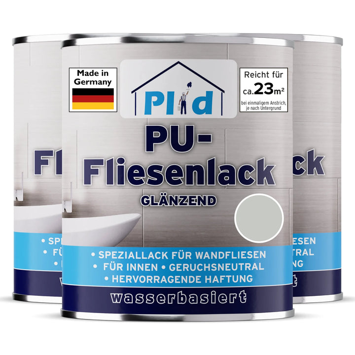 Abgebildet sind drei Dosen plid PU-Fliesenlack - strapazierfähig &amp; wasserfest für Bad &amp; Küche. Made in Germany, geruchsneutral, deckt 23m², ideal für die Fliesensanierung im Innenbereich mit hervorragender Haftung.