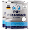 Abgebildet sind zwei Dosen plid PU-Fliesenlack. Diese langlebige, wasserbeständige Farbe für Bad- und Küchenfliesen deckt 16 m² pro Dose, ist made in Germany, geruchsarm und sorgt für eine hervorragende Haftung bei Wandfliesen im Innenbereich.