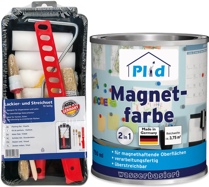 Das plid Magnetfarbe - Anstreichset besteht aus einem Farbroller und einem Pinsel in einer Kunststoffverpackung sowie einer "plid Magnetfarbe 2 in 1"-Dose mit deutschem Text und Symbolen, die zeigen, dass es magnetische Oberflächen erzeugt. Hergestellt in Deutschland.