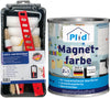 Eine Dose plid Magnetfarbe - Anstreichset (2 in 1), daneben ein Malset mit Rollen, Pinseln und einer roten Farbwanne - beide mit der Aufschrift "Made in Germany", die für hochwertige magnetische Wandfarbe aus Deutschland steht.