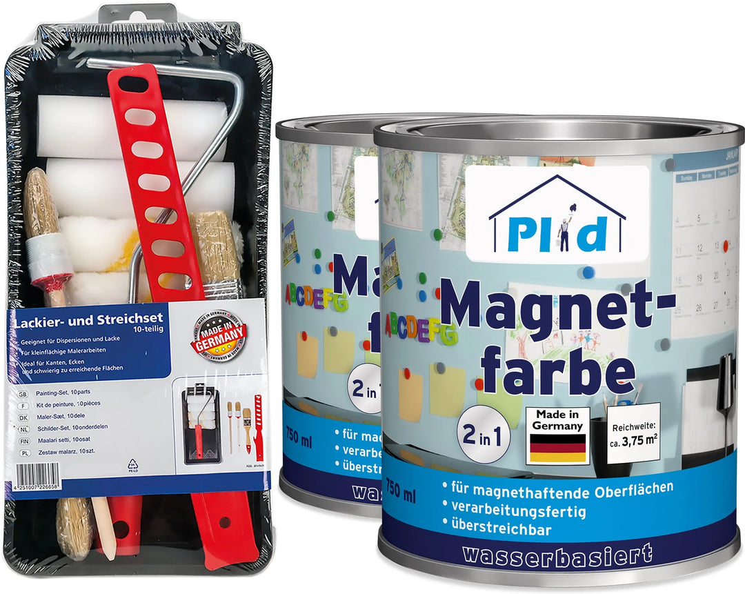 Das plid Magnetfarbe - Anstreichset ist in einer deutschen Verpackung abgebildet, die ein Farb- und Pinselset neben zwei 750 ml Dosen magnetischer Wandfarbe auf Wasserbasis enthält, die eine magnethaftende Fläche erzeugt.