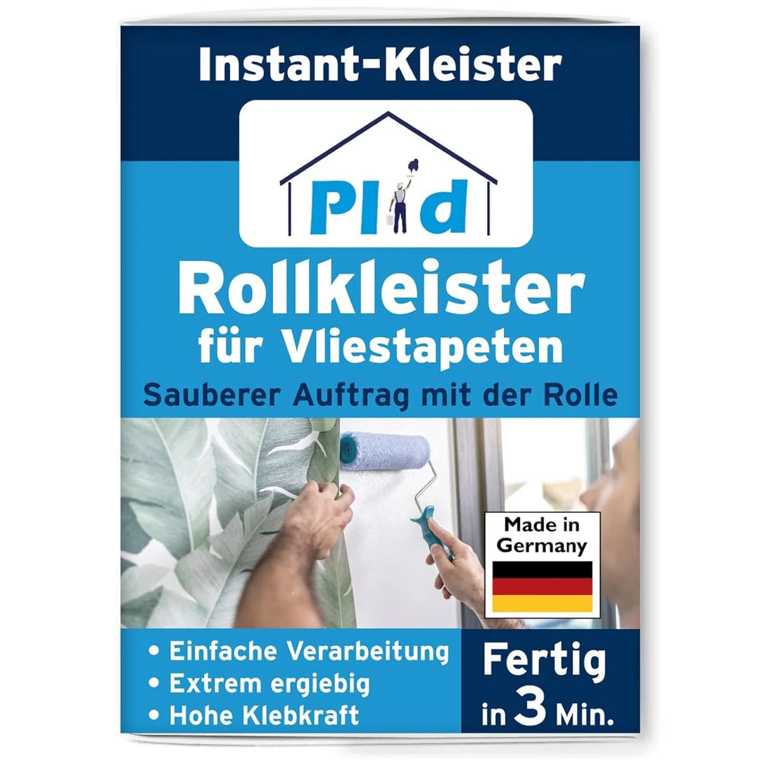 Die Plid Rollkleister - klumpfrei & direkt auf die Wand auftragbar-Verpackung zeigt eine Person, die die innovative Wandklebetechnik anwendet, zeigt eine deutsche Flagge für Made in Germany und eine textunterstützende Tapetenanwendung in nur 3 Minuten.