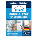 Die Plid Rollkleister - klumpfrei & direkt auf die Wand auftragbar-Verpackung zeigt eine Person, die die innovative Wandklebetechnik anwendet, zeigt eine deutsche Flagge für Made in Germany und eine textunterstützende Tapetenanwendung in nur 3 Minuten.