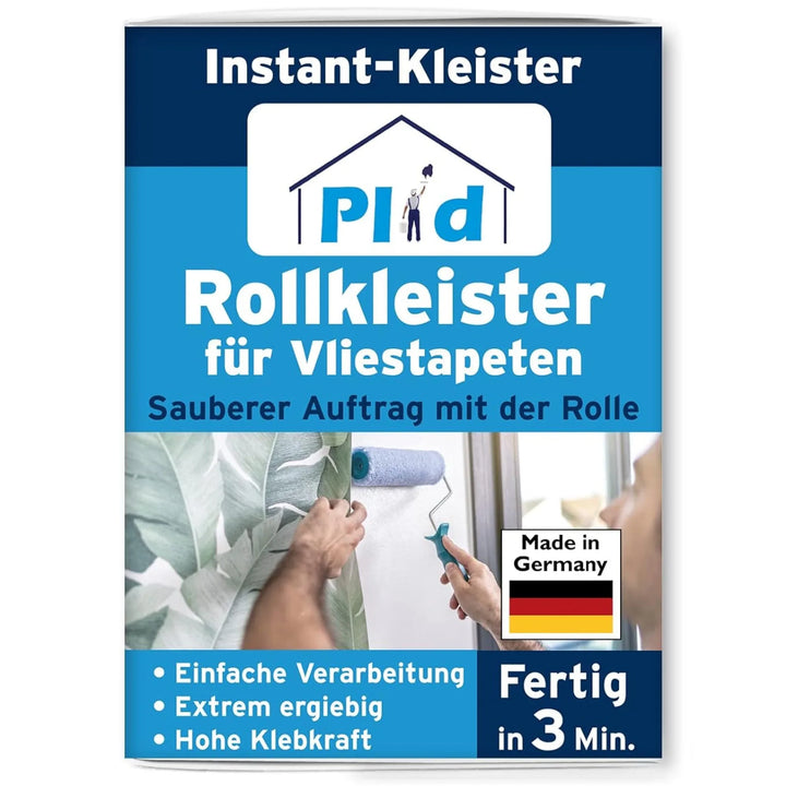 Die Plid Rollkleister - klumpfrei &amp; direkt auf die Wand auftragbar-Verpackung zeigt eine Person, die die innovative Wandklebetechnik anwendet, zeigt eine deutsche Flagge für Made in Germany und eine textunterstützende Tapetenanwendung in nur 3 Minuten.