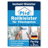 Eine Schachtel Plid Rollkleister - klumpfrei & direkt auf die Wand auftragbar von plid, die eine Hand zeigt, die die Wandklebetechnik-Rolle benutzt. Der Text hebt die einfache Anwendung, die hohe Ergiebigkeit, die starke Haftung, die Herstellung in Deutschland und die Fertigstellung in 3 Minuten hervor.