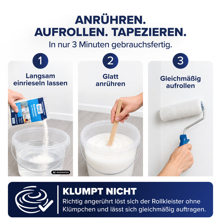 Dreischritt-Grafik zum Plid Rollkleister: Pulver ins Wasser einrieseln lassen, glatt anrühren und mit der Rolle gleichmäßig auf die Wand auftragen. In drei Minuten gebrauchsfertig und beim richtigen Anrühren ohne Klümpchen.