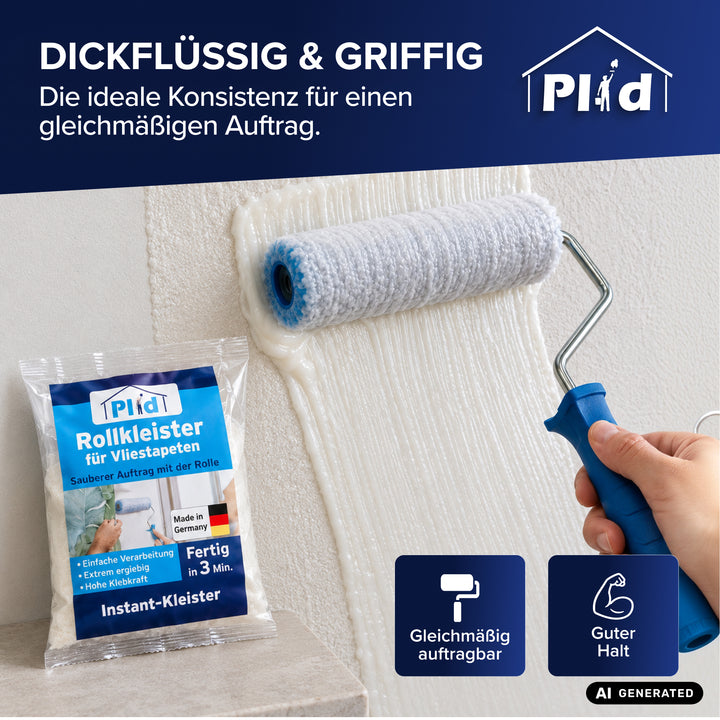 Nahaufnahme: Eine Kleisterrolle verteilt den dickflüssigen Plid Rollkleister auf der Wand, links daneben liegt der Beutel. Die Abbildung betont die griffige Konsistenz für einen gleichmäßigen Auftrag und guten Halt.