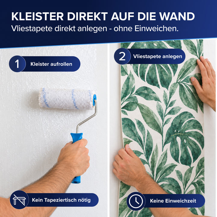 Zweiteilige Abbildung: Links rollt eine Hand den Plid Rollkleister direkt auf die Wand, rechts wird die Vliestapete angelegt. Die Symbole weisen darauf hin, dass weder Tapeziertisch noch Einweichzeit nötig sind.