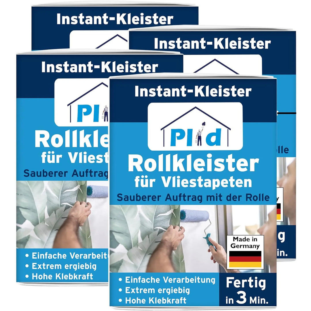 Vier Schachteln plid Rollkleister - klumpfrei &amp; direkt auf die Wand auftragbar, jeweils in blau-weißer Verpackung, mit einer Hand, die einen Roller für Wandklebetechnik benutzt, sowie Made in Germany-Etikett und deutscher Flagge auf jeder Schachtel.