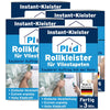 Vier Packungen plid Rollkleister - klumpfrei & direkt auf die Wand auftragbar klebend, zeigt eine Hand mit Farbroller, blau-weißes Design, und Etiketten für schnelles Auftragen, hohe Ergiebigkeit, Wandklebetechnik, und made in Germany.