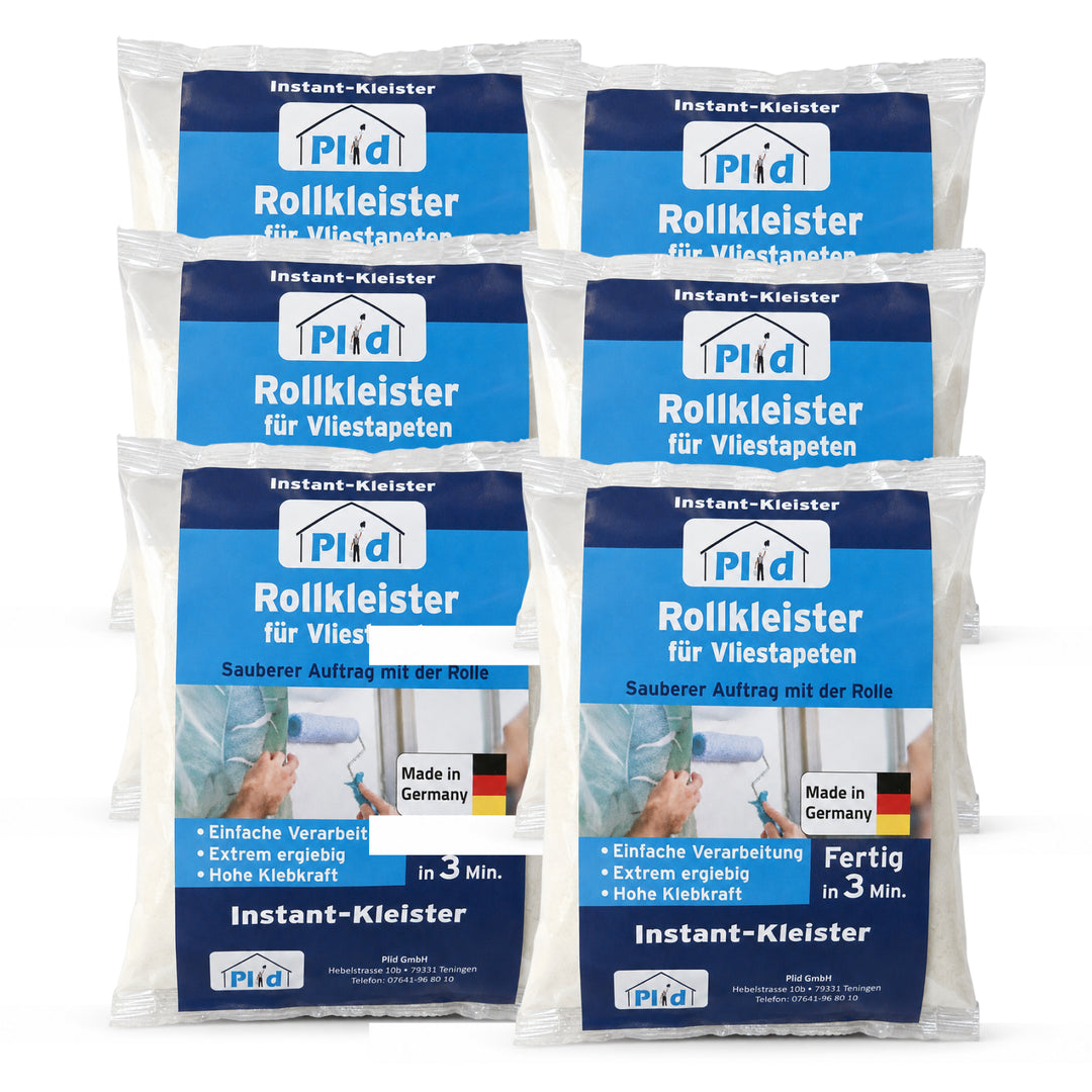 Sechs Beutel Plid Rollkleister für Vliestapeten à 200 g als großes Vorratspaket mit 1.200 g vor weißem Hintergrund. Die blau-weißen Etiketten nennen Instant-Kleister, Rollauftrag und Made in Germany.