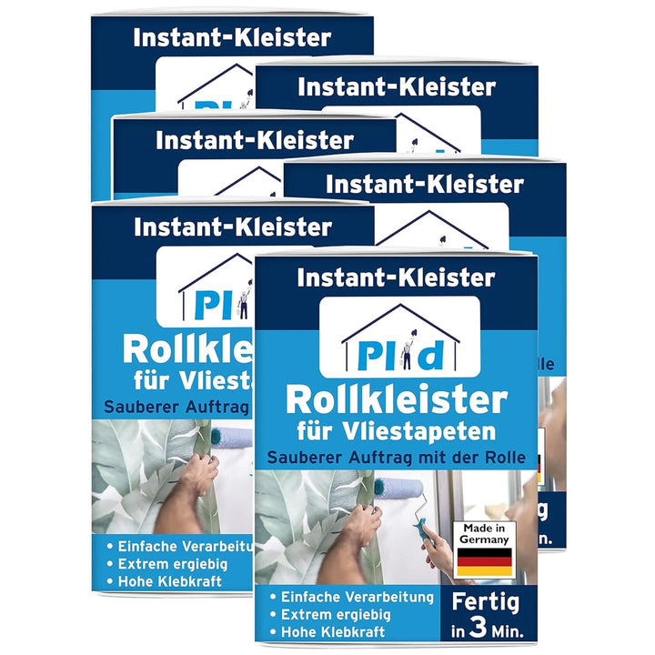 Abgebildet sind fünf Schachteln plid Plid Rollkleister - klumpfrei &amp; direkt auf die Wand auftragbar, mit einer Hand, die Kleber aufträgt. Der Text hebt die wandklebetechnische Verarbeitung, die hohe Ergiebigkeit, die starke Klebkraft und die Bereitschaft in nur 3 Minuten hervor.