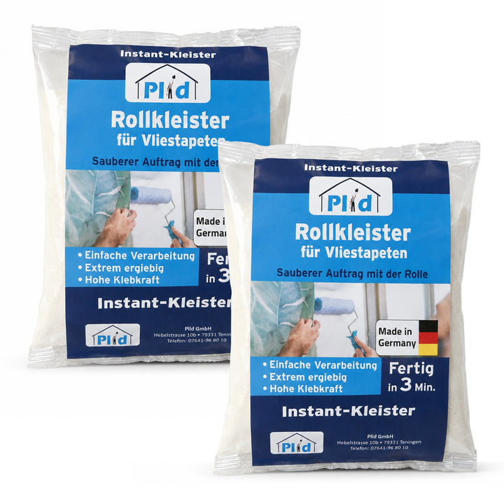 Zwei Beutel Plid Rollkleister für Vliestapeten à 200 g, zusammen 400 g, leicht versetzt vor weißem Hintergrund. Auf beiden Etiketten stehen Instant-Kleister, Made in Germany und „Fertig in 3 Min.“.