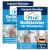 Abgebildet sind zwei Kartons plid Plid Rollkleister - klumpfrei & direkt auf die Wand auftragbar, mit einer Hand, die eine Rolle zum Anbringen von Tapeten benutzt. Die Produktinformation in deutscher Sprache und ein Made in Germany-Etikett sind sichtbar.