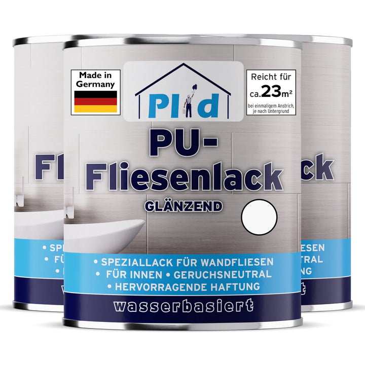 Abgebildet sind drei Dosen plid PU-Fliesenlack, der als glänzend, wasserbasiert und ideal für die Renovierung von Bad- und Küchenfliesen geeignet ist. Die geruchsneutrale Formel bietet eine starke Haftung auf Innenwandfliesen, und eine deutsche Flagge kennzeichnet die Qualität "Made in Germany".