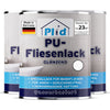 Abgebildet sind drei Dosen von plid PU-Fliesenlack - strapazierfähig & wasserfest für Bad & Küche. Diese in Deutschland hergestellte, geruchsneutrale Farbe bietet eine starke Haftung für Wandfliesen und ist auf jeder Dose mit einem weißen Farbmuster versehen.