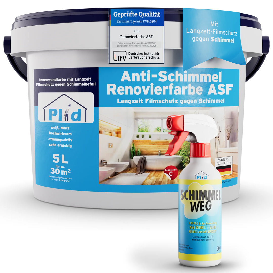 Ein 5-Liter-Eimer plid Anti-Schimmel Renovierfarbe Langzeit-Filmschutz ist hinter einer Sprühflasche mit der Aufschrift SCHIMMEL WEG abgebildet; beide sind für Schimmelschutz, mit deutschem Text und Qualitätssicherungsetiketten sichtbar.