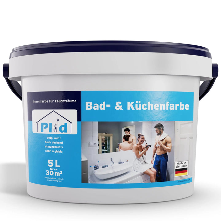 Eine weiße 5L plid Bad- &amp; Küchenfarbe schimmelresistent &amp; abwaschbar eimermatt, abwaschbare Farbe für Bäder/Küchen, deckt bis zu 30 m², made in Germany. Das Foto zeigt die Anwendung in einem Bad.