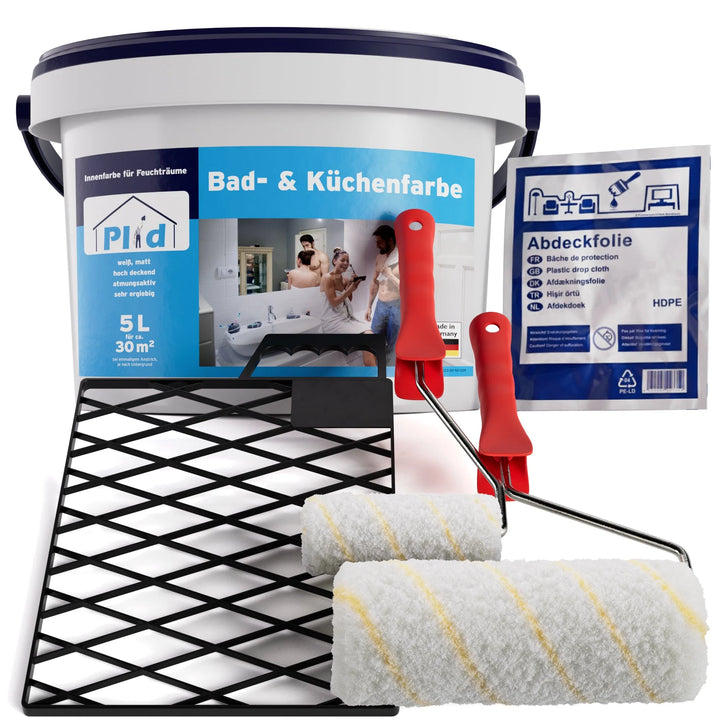 Das plid Bad- &amp; Küchenfarbe schimmelresistent &amp; abwaschbar Set enthält 5L Farbe, zwei rotstielige Rollen, ein Tablett, ein Gitter und eine Schutzfolie - ideal für Feuchträume mit schimmelresistenten und abwaschbaren Ergebnissen.