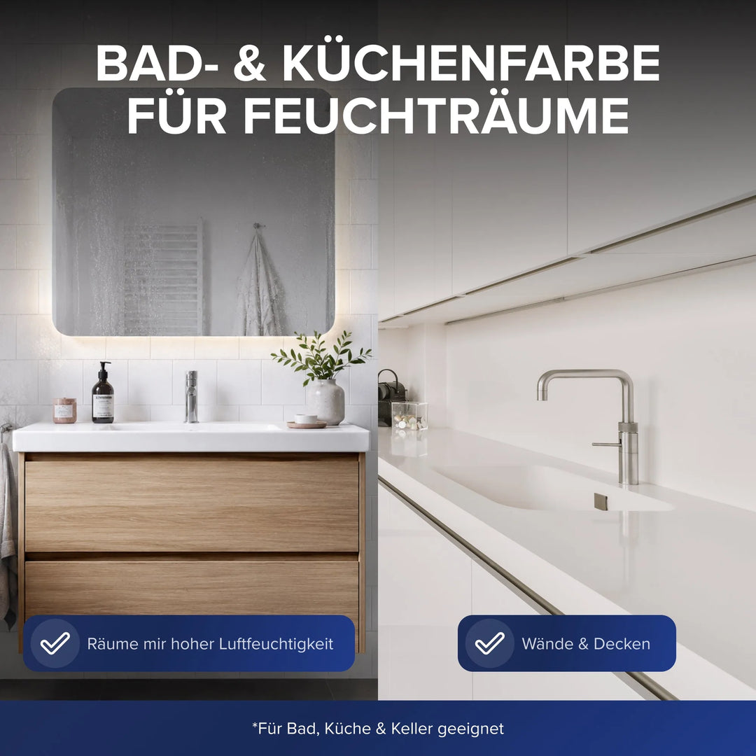 Bildteilung: links ein modernes Bad, rechts eine weiße Küche mit Spülbecken. Text in Deutsch wirbt plid Bad- &amp; Küchenfarbe schimmelresistent &amp; abwaschbar - perfekt für Wände und Decken in Bad &amp; Küche.