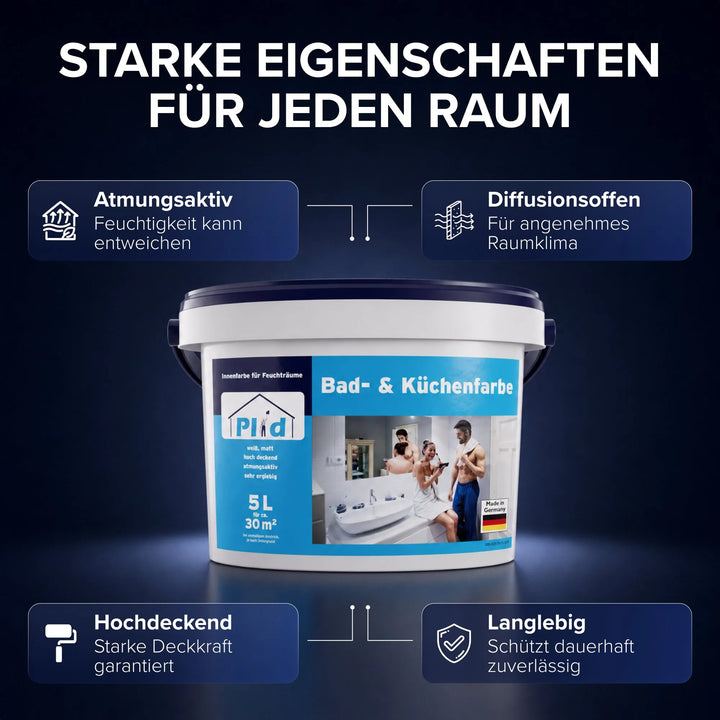Ein Farbeimer mit der Aufschrift Bad- &amp; Küchenfarbe schimmelresistent &amp; abwaschbar von plid. Vier Symbole zeigen die Vorteile: atmungsaktiv, diffusionsoffen, hochdeckend und langlebig - ideal für alle Feuchträume.