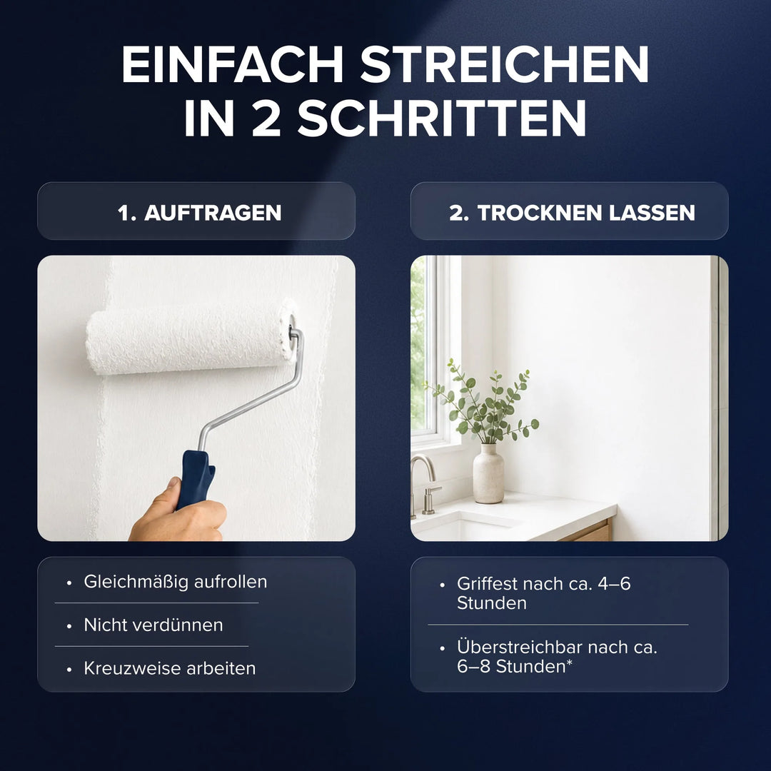 Eine Infografik "Einfach streichen in 2 Schritten" zeigt, wie man plid Bad- &amp; Küchenfarbe schimmelresistent &amp; abwaschbar anwendet: 1. auftragen, 2. trocknen lassen; Tipps sind u.a. gleichmäßiges Auftragen, kein Verdünnen, Trocknungszeiten und die Verwendung als schimmelresistente Farbe.
