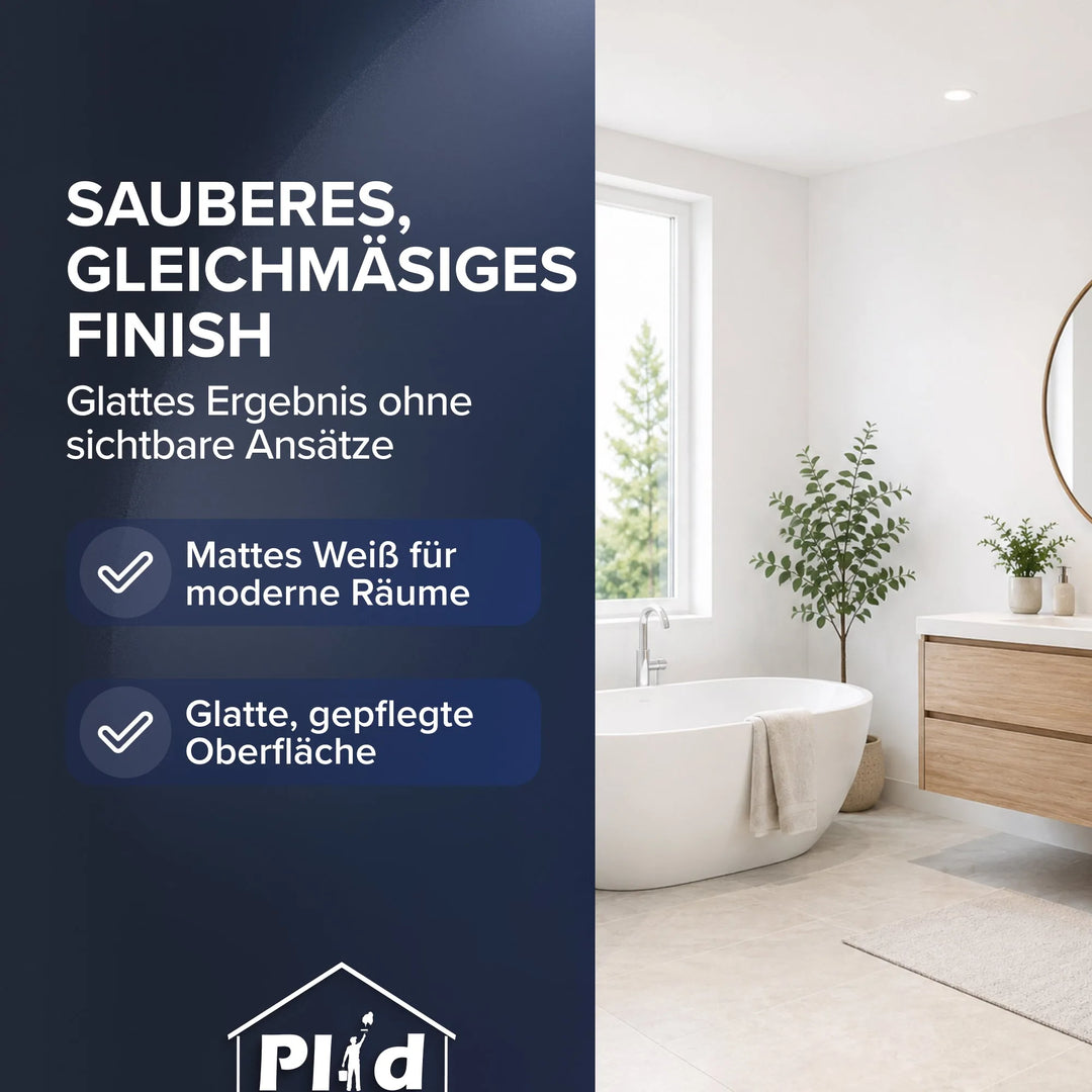 Modernes Bad mit großem Fenster, Badewanne, Pflanzen und Holzwaschtisch. plid Bad- &amp; Küchenfarbe schimmelresistent &amp; abwaschbar schafft matte, weiße Flächen - glatt, gleichmäßig und ohne sichtbare Streifen.