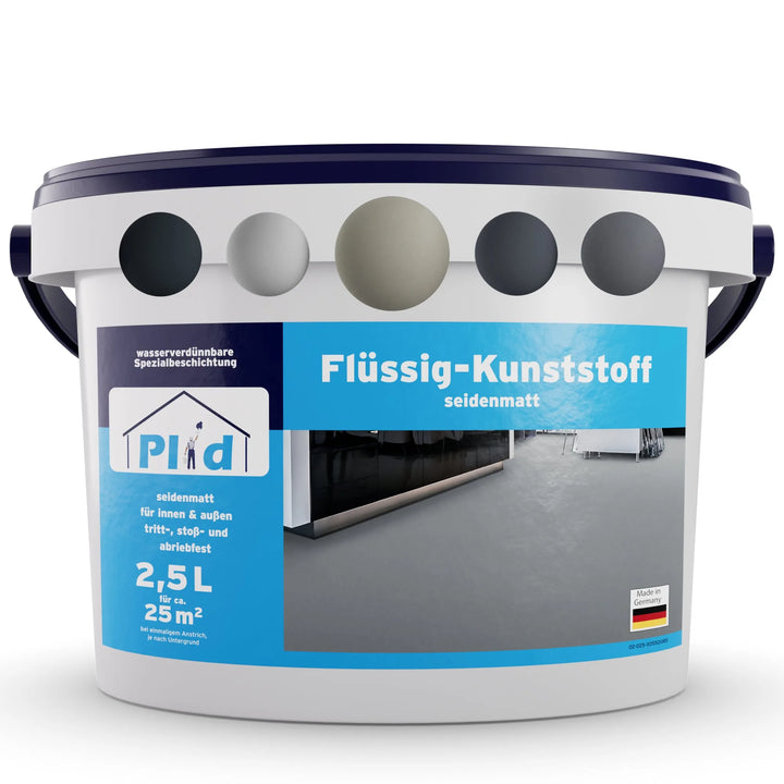 Ein weißer Kunststoffeimer mit dunkelblauem Deckel und Griff, beschriftet mit plid Flüssigkunststoff Bodenbeschichtung für Innen &amp; Außen - Betonfarbe. Das graue Etikett weist auf die Verwendung als Spezialbeschichtung für Fußböden hin; 2,5 l reichen für bis zu 25 m².