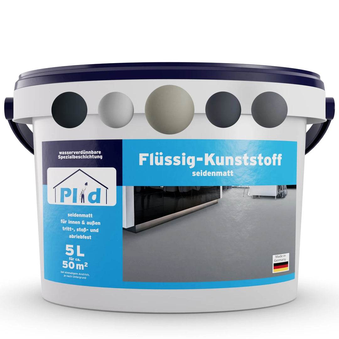 Ein weißer 5L Kunststoffeimer mit dunkelblauem Deckel/Griff, beschriftet mit "plid Flüssigkunststoff Bodenbeschichtung für Innen &amp; Außen - Betonfarbe". Das Etikett zeigt einen modernen Raum, Farbmuster, die deutsche Flagge und hebt diese spezielle Bodenbeschichtung hervor.