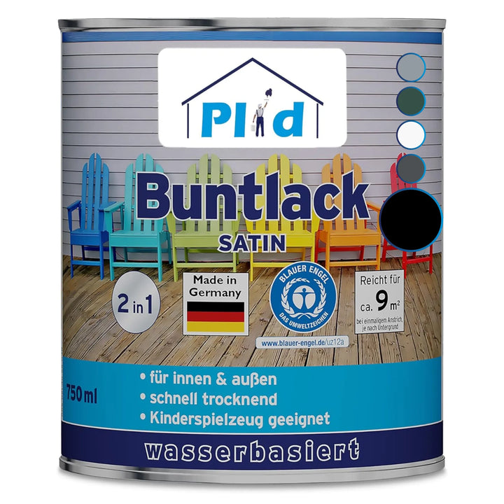 Eine 750-ml-Dose plid Plid® Möbellack Innen &amp; Außen, eine wasserbasierte, schnell trocknende Möbelfarbe für den Innen- und Außenbereich, die auch für Kinderspielzeug geeignet ist. Made in Germany mit einem Etikett, das bunte Stühle und Farbmuster zeigt.