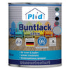 Eine Dose plid Plid Buntlack - wetterfest & hochdeckend für innen & außen, mit Bildern von bunten Stühlen und deutschem Text, zeigt, dass es ein wasserverdünnbarer Buntlack für Holz und Metall ist. Hergestellt in Deutschland.
