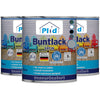 Abgebildet sind drei Dosen plid Buntlack - wetterfest & hochdeckend für innen & außen mit Etiketten mit bunten Stühlen, Produktdetails und Symbolen für schnelles Trocknen, Innen-/Außenanwendung und einer 2-in-1-Formel.