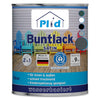Eine Dose plid Plid Buntlack - wetterfest & hochdeckend für innen & außen mit farbigen Adirondack-Stühlen und deutschem Text; diese schnell trocknende, wasserverdünnbare Farbe deckt bis zu 9 m² und ist ideal für Spielzeug.