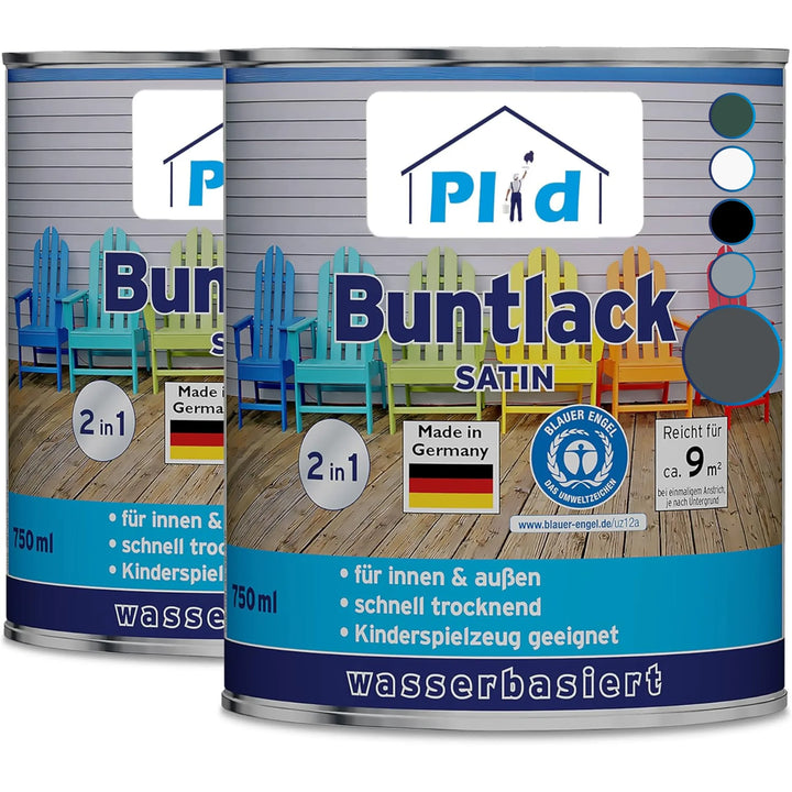 Abgebildet sind zwei Dosen von plid Plid® Möbellack Innen &amp; Außen - Buntlack für Möbel &amp; Holz. Die deutschen Etiketten zeigen bunte Stühle, Farbmuster und weisen darauf hin, dass diese kindersichere Farbe schnell trocknet und für drinnen und draußen geeignet ist.