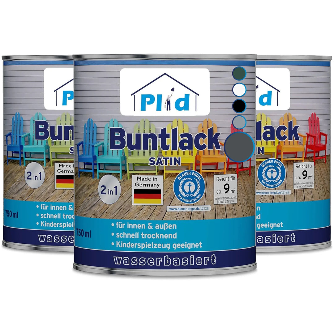 Abgebildet sind drei Dosen Plid® Möbellack Innen &amp; Außen von plid, je 750 ml. Die Farbe auf Wasserbasis ist für Möbel und Holz, für den Innen- und Außenbereich geeignet, schnell trocknend, sicher für Kinderspielzeug und zeigt bunte Stühle auf dem Etikett.