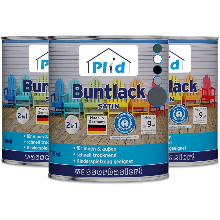 Abgebildet sind drei Dosen Plid® Möbellack Innen &amp; Außen von plid, je 750 ml. Die Farbe auf Wasserbasis ist für Möbel und Holz, für den Innen- und Außenbereich geeignet, schnell trocknend, sicher für Kinderspielzeug und zeigt bunte Stühle auf dem Etikett.