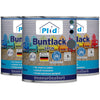 Abgebildet sind drei Dosen von plid Plid Buntlack - wetterfest & hochdeckend für innen & außen (je 750 ml). Auf den Etiketten sind bunte Stühle abgebildet, und Icons weisen auf die schnelle Trocknung, die Verwendung im Innen- und Außenbereich und die deutsche Qualität hin.