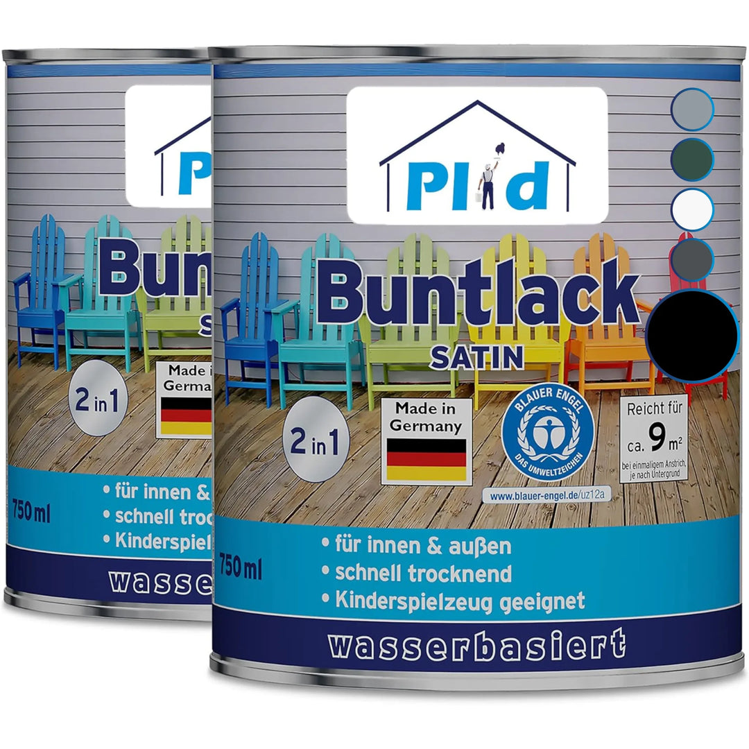 Abgebildet sind zwei Dosen plid Plid® Möbellack Innen &amp; Außen, mit bunten Stühlen und wasserverdünnbarem Buntlack, schnell trocknend, spielzeugsicher, für innen und außen geeignet und Made in Germany.