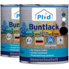Abgebildet sind zwei Dosen von plid Buntlack - wetterfest & hochdeckend für innen & außen. Das Etikett zeigt bunte Stühle, Info-Symbole und einen deutschen Text über die schnelle Trocknung und die sichere Anwendung auf Kinderspielzeug.