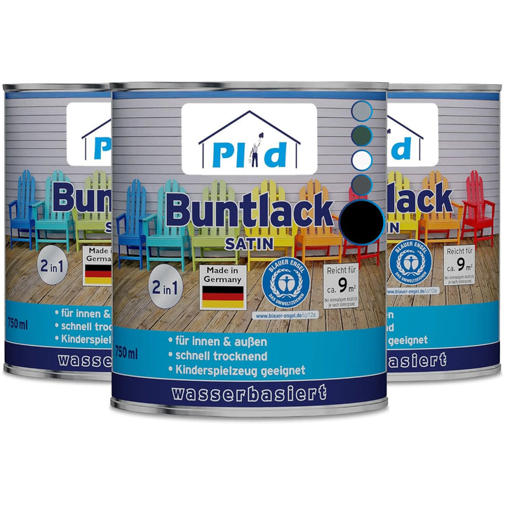 Abgebildet sind drei Dosen des plid Plid® Möbellack Innen &amp; Außen - Buntlack für Möbel &amp; Holz. Der wasserverdünnbare Lack ist schnell trocknend, geeignet für Kinderspielzeug, und ideal für den Innen- und Außenbereich.