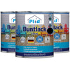 Abgebildet sind drei Dosen plid Plid Buntlack - wetterfest & hochdeckend für innen & außen, jeweils beschriftet für die Verwendung auf Holz und Metall mit bunten Stühlen, Produktdetails, Deckkraftangaben und Schnelltrocknungseigenschaften.
