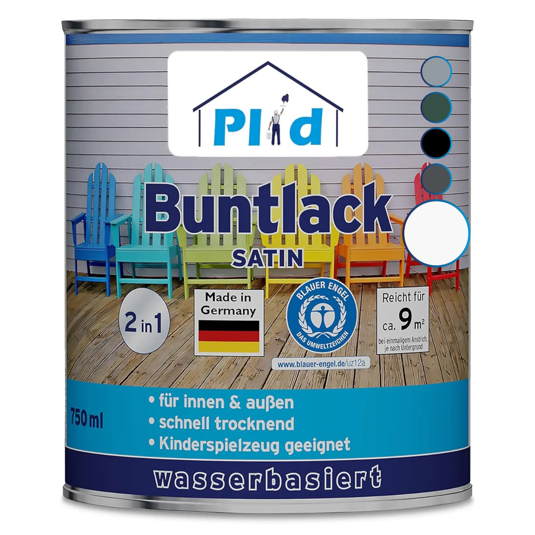 Eine Dose plid Plid® Möbellack Innen & Außen - Buntlack für Möbel & Holz, schnelltrocknend, unbedenklich für Kinderspielzeug, made in Germany, und als Lack für Innen und Außen geeignet. Mit bunten Stühlen auf dem Etikett.