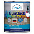 Eine Dose plid Plid® Möbellack Innen & Außen - Buntlack für Möbel & Holz, schnelltrocknend, unbedenklich für Kinderspielzeug, made in Germany, und als Lack für Innen und Außen geeignet. Mit bunten Stühlen auf dem Etikett.