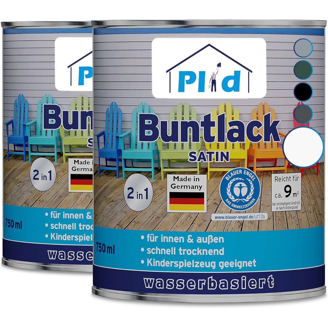 Abgebildet sind zwei Dosen plid Plid® Möbellack Innen &amp; Außen, mit bunten Stühlen auf dem Etikett. Dieser Buntlack für Möbel &amp; Holz ist schnell trocknend, kindersicher und in Deutschland hergestellt.